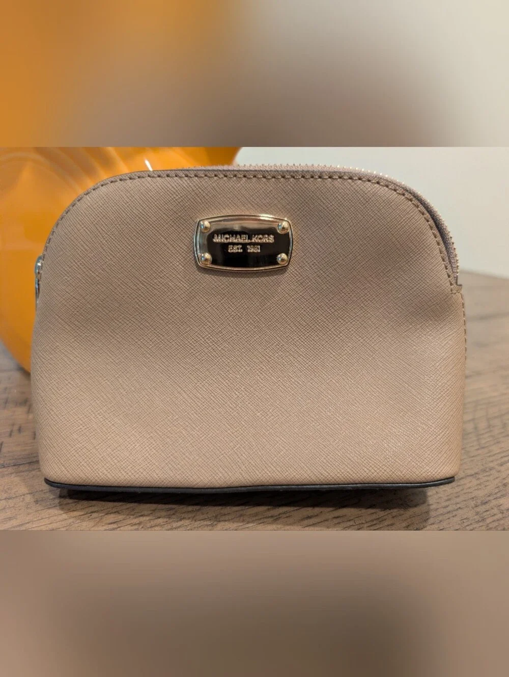 Michael Kors Cindy Travel Pouch Tan Brown Saffiano Leather Cosmetic Bag